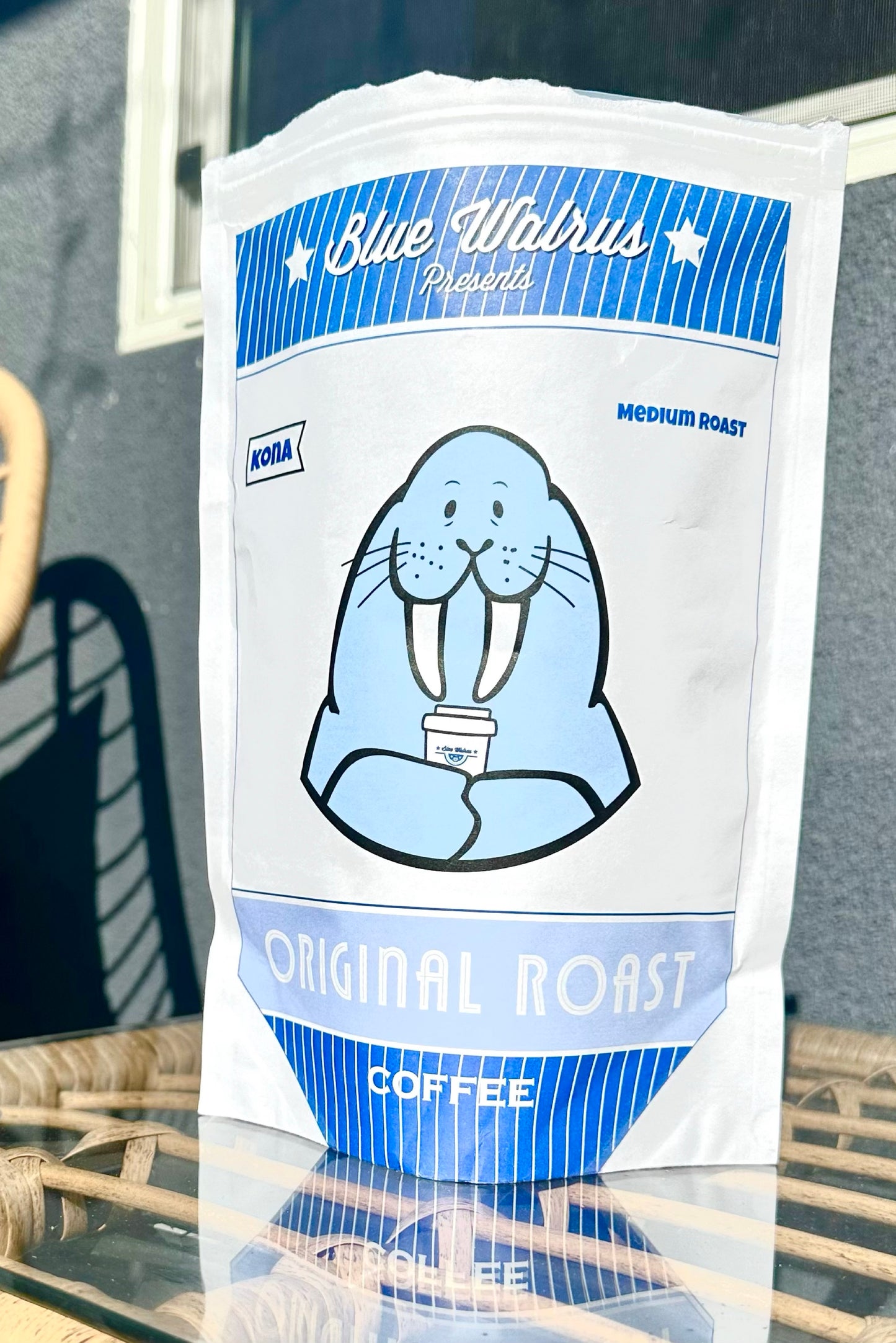 Blue Walrus Original Roast 1 Pound Bag (16oz) - WHOLE BEAN - Kona Coffee