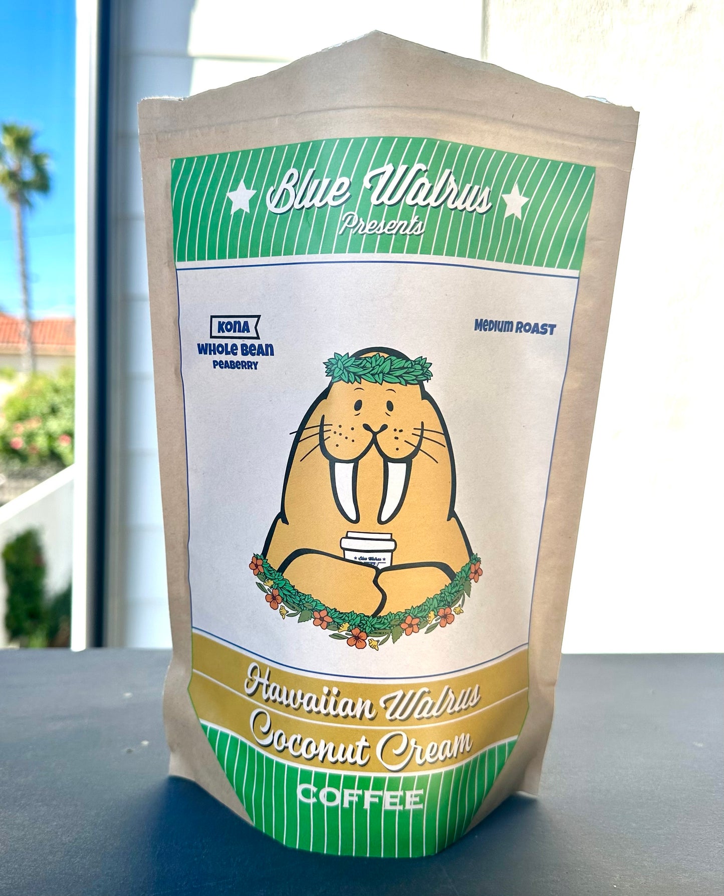 Hawaiian Walrus Coconut Cream 1 Pound Bag (16oz) - WHOLE BEAN - Kona Peaberry Coffee
